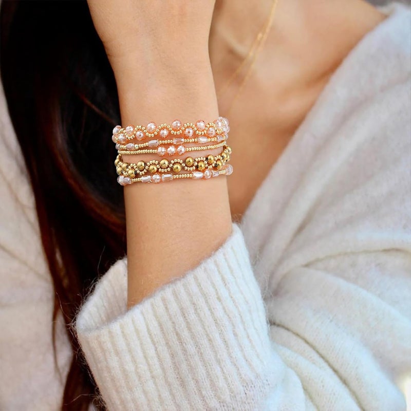 Pymach Store Dainty Gold Plated Pearl Crystal Beaded Bracelets Set for Women 14K Gold Plated Bead Pearl Beads Bracelet Stackable Paperclip Link Chain Bracelets Gold Plated Bracelets for Women Trendy Jewelry - Image 3